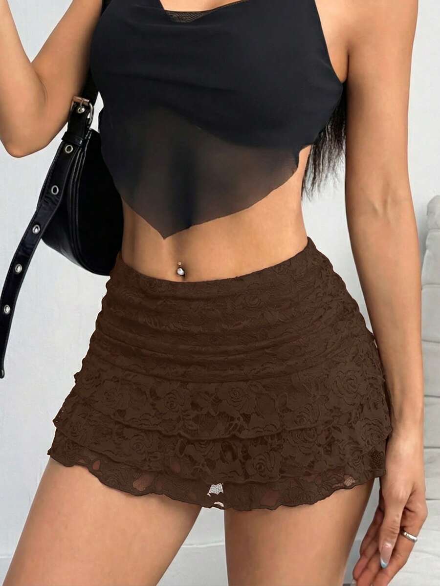 Lace Trim Solid Color Casual Everyday Versatile Side Zipper Ruffle Hem Shorts Summer - Coffee Brown - View 1