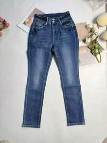 Women's Casual Cropped Denim Skinny Jeans With Pocket And Zipper Details High Stretch Fabric - Blue - View 6