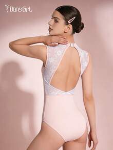 女士芭蕾舞紧身衣，立领露背设计，蕾丝拼接细节，春季舞蹈表演服 - 淺粉色 - 查看 9