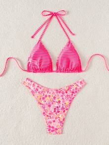 Swim Mod 2pcs/Set Women Cute Random Floral Print Reversible Halter Top And Adorable Bottoms Bikini Swimsuit Set, Holiday & Beach For Summer Beach Vacation - 粉色 - 查看 2