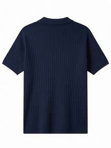 Men's Ribbed Airplane Collar Polo Knit Shirt, Short Sleeve, Summer Fashion - Navy Blue - View 6