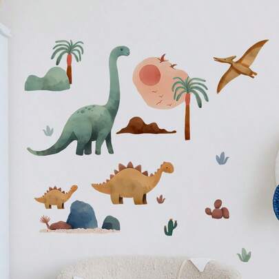 Cartoon Dinosaur & Coconut Tree Wall Decals - | Self-Adhesive Removable Vinyl Stickers For Youngsters's Bedroom, Living Room, And Kitchen Decor.