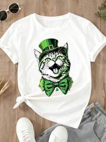 Women's Loose Fit T-Shirt St Patrick's Day Cat With Green Hat And Bow Tie Print Casual Everyday Wear - White - View 2
