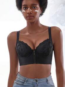 Women's Black Lace Underwire Push Up Bra - Front Zipper & Slimming Design& Easy On/Off - Black - View 9