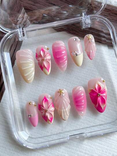 10pcs Handmade Almond-Shaped Nail Stickers, Pink & Yellow French Manicure Stickers, 3D Pink Floral Carved, Summer Beach Style, Suitable For Women's Daily, Vacation, Travel Nail Decoration, Includes Jelly Gel And Nail File