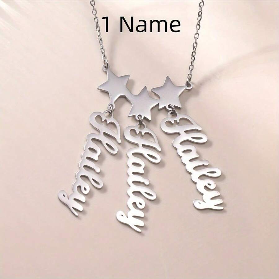 Custom Name Star Pendant Necklace For Women, Personalized 1-4 Names Tag Celestial Charm Necklace, Fashion Jewelry, Ideal For Daily Wear & Gifts On Father's Day - Silvery - 查看 1