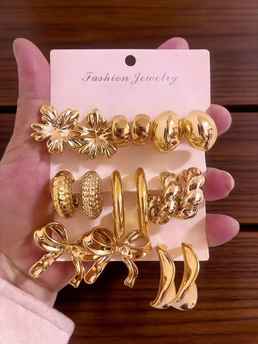 [1-8 Pairs] Sweet Girl Earring Set, Includes Bowknot, Flower, Metal Hoop Styles, Suitable For All Skin Tones, Women Can Directly Purchase - Gold - View 1