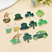 5件套DIY吊坠套装 | 幸运绿色珐琅吊坠，饰有三叶草和小妖精图案，锌合金材质，适用于圣帕特里克节珠宝制作 - 彩色 - 查看 2