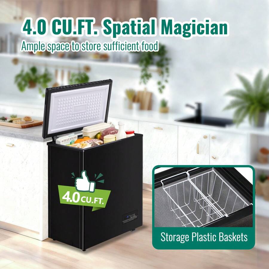 WANAI 4.0 Cubic Feet Capacity Refrigerator, Equipped With Temperature Display Function, Compact Mini Freezer With 2 Detachable Baskets, Suitable For Any Location, Black