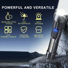 7 Modes Rechargeable LED Flashlight, Waterproof High Lumens Tactical Torch With COB Work Light & Power Display For Camping Hiking Emergency - Black - View 1