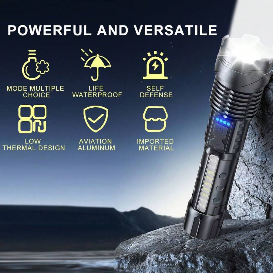7 Modes Rechargeable LED Flashlight, Waterproof High Lumens Tactical Torch With COB Work Light & Power Display For Camping Hiking Emergency - Black - View 1