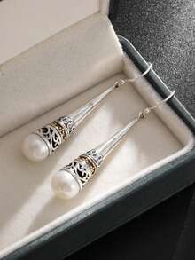 1 Pair Of Elegant Pendant Earrings, Adorned With Faux Pearl Decorations And Hollowed Out Patterns, Suitable For Fashionable Street Ladies To Wear As Daily Jewelry Gifts - Fashion - View 7