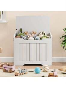 Banco de almacenamiento de pecho de madera con tapa, Caja de juguetes de madera para niños y niñas, Caja de juguetes de madera para niños grandes, Banco de almacenamiento con bisagra de , Baúl de almacenamiento para la entrada, Sala de estar, Dormitorio, Sala de juegos - 24,8 pulgadas - Blanco - Ver 3