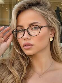 1 Pair Women's Leopard Print Oval PC Frame Retro Fashion Personalized Non-Prescription Glasses - Leopard Print - View 1