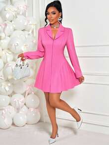 AIJ Amarilo Women's Pink V-Neck Notched Lapel Long Sleeve Belted Pleated Hem Blazer Dress – Perfect For Valentine's Day Outfit, Wedding Guest Attire, Carnival Costume & Spring/Summer Night Party Elegant - Pink - View 8