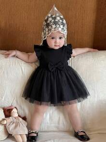 Baby Girls' Fashionable Casual Sweet Cute Bow Round Neck Cap Sleeve Mesh Dress, Summer - Black - View 9