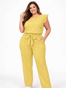 Elegant Plus Size Social Set In Dune Crepe, Casual Style With Drawstring Pockets, For Office Or Home. - 黃色 - 查看 2
