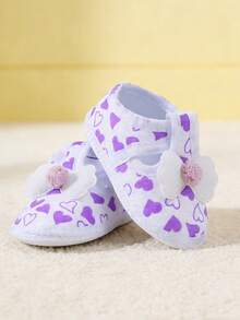 1 Pair White & Purple Heart Print Baby Walking Shoes Soft Sole First Walkers With Ball & Flower Decor Easy On/Off Hook & Loop Straps Breathable & Comfortable For Daily Indoor Outdoor Use - Purple - View 5