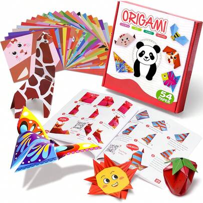 54张彩色折纸套装，包含双面折纸和说明书，适合DIY艺术手工项目，是送给初学者儿童的绝佳礼物，男女皆宜。