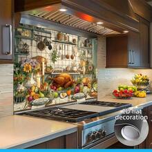 1-Piece 2D Flat Design Depicts A Sumptuous Kitchen Feast, Including Roast Chicken, Fruits And Vegetables, And Tableware. The Realistic Style Showcases A Lively And Satisfying Dining Atmosphere. Made Of PVC, This Kitchen Wall Sticker Is Easy To Apply, And Features A 2D Flat Effect - Style 1 - View 5