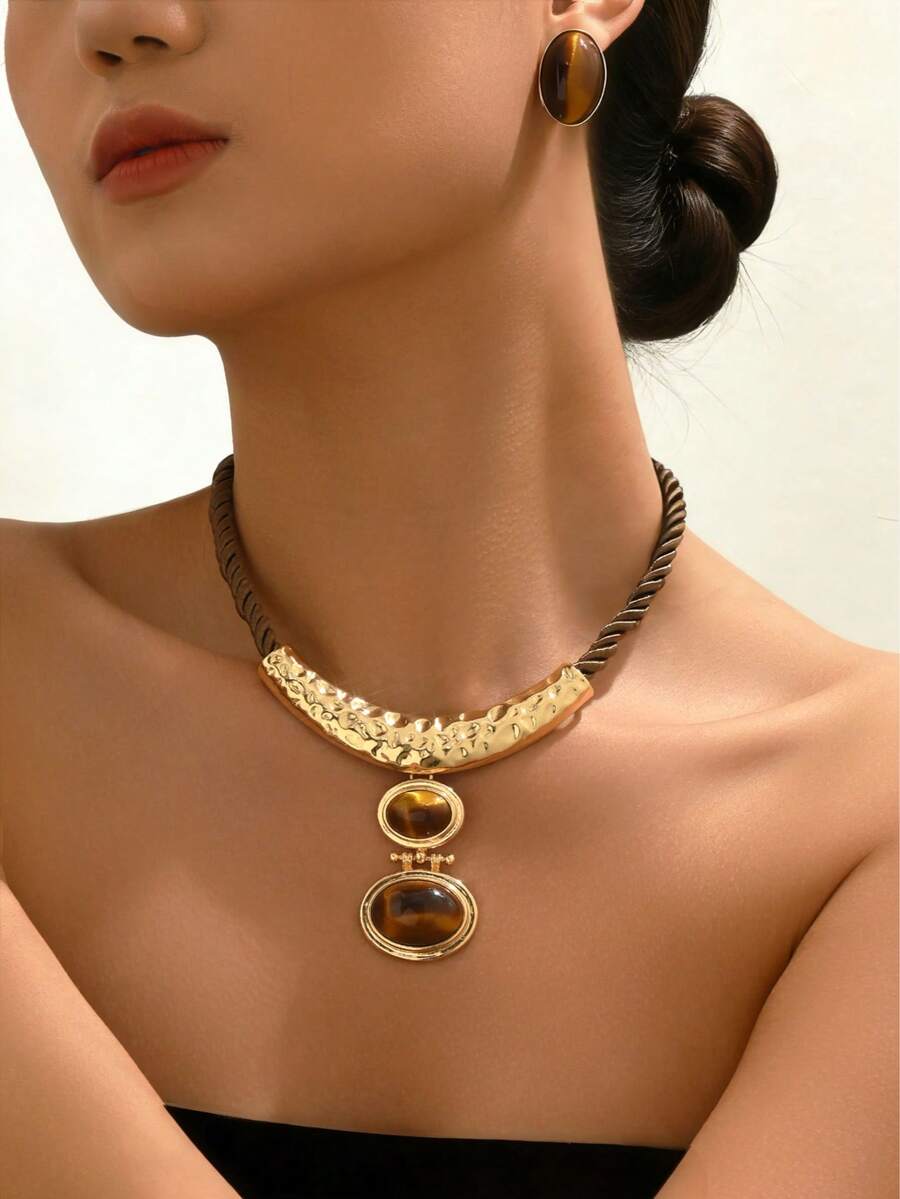 2pcs Elegant Vintage Tiger Eye Stone Textured Necklace & Earrings Jewelry Set For Women, Party, Celebration, Holiday Gift - Set - View 1