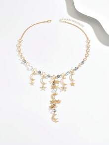 1pc European & Middle Eastern Fashion Star & Moon Element Glass Beads Pendant Y-Necklace Jewelry, Multi-Pendant Necklace Can Showcase Unique Feminine Style And Charm, Especially Suitable For Parties, Weddings, Holidays And Other Special Occasions, Also Can Be Given As Holiday Gifts - Multicolor - View 3