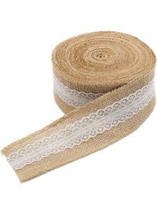 1 Roll Khaki Burlap Ribbon With White Lace Trim, Vintage Rustic Style Jute Linen Fabric, Suitable For DIY Crafts, Wedding Decor, Gift Wrapping, Bow Making And Floral Arrangements - Khaki - View 3