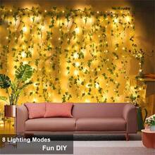 1PC, Fairy Lights LED Ivy USB Powered 100 LEDs 8 Lighting Modes, Artificial Leaf Vine Wall Decor, 3X1m/9.84x3.28ft, Garden Yard Lights For Christmas, Wedding, Patio, Bedroom, Party, Holiday Decoration Indoor Outdoor (Without Battery) - Warm White - View 8