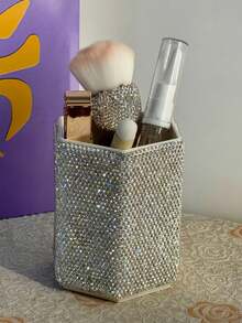 1个奢华白色闪亮水晶水钻桌面笔筒，创意陶瓷水钻化妆刷收纳架，时尚化妆品收纳 - 彩色 - 查看 6