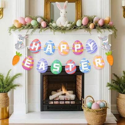 1 Set Easter Happy Banner, Easter Egg Pull Flags, Suitable For Home, Office, School, Outdoor Party Decoration, Easter Bunny Party Decor, Easter Party Decoration, Happy Spring Bunny Party Supplies
