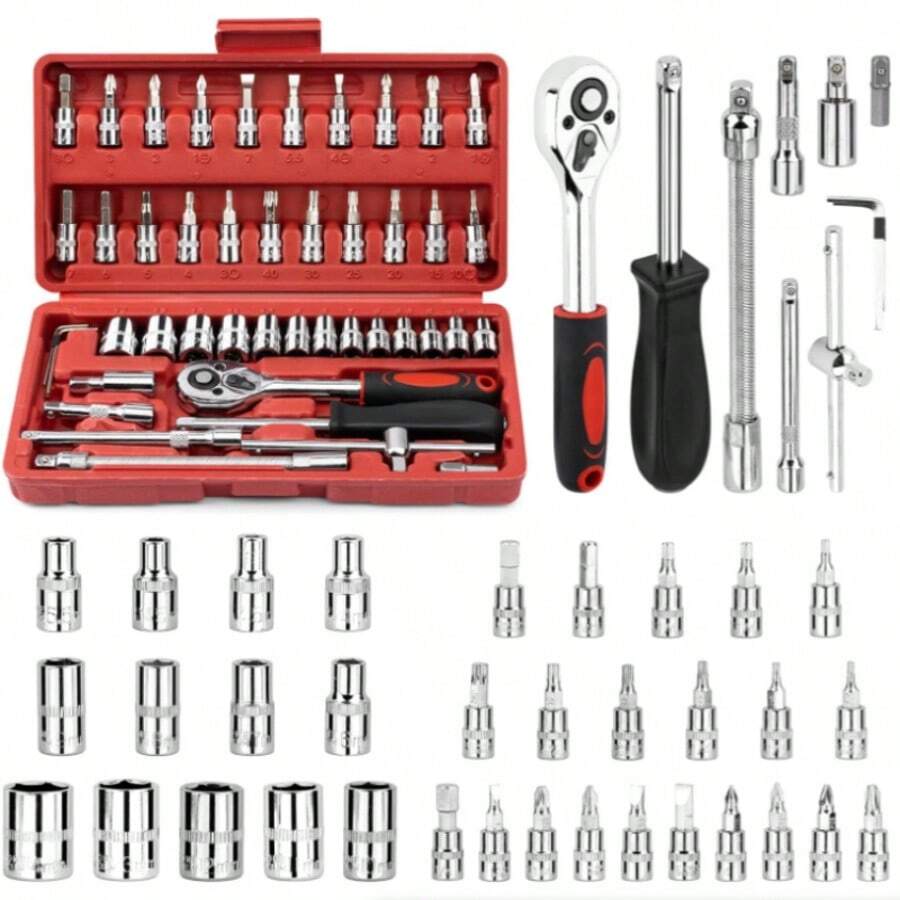 46PCS Small Drive Socket Ratchet Wrench Screwdriver Set, 1/4 Inch Metric Socket And Ratchet Wrench Set With Extension Bar, Upgrade Compact Tool Set For Car - Red - View 1