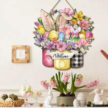 1pc Happy Easter Door Sign Easter Bunny Egg Wooden Door Decor Floral Spring Hanging Door Sign Bunny Rabbit Sign For Easter Spring Party Indoor Outdoor Home Decorations - Multicolor - View 5