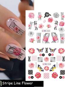 12pcs/Sheet Pink, Blue, Green Floral Water Decals, Spring Nail Art Stickers With Sakura, Peony, Hibiscus, Butterfly, Bird Patterns Nails - Multicolor - View 7
