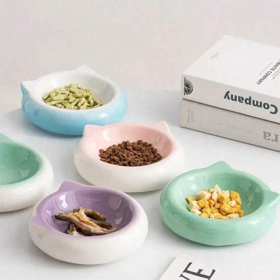 Cat Ear Shaped Ceramic Pet Bowl - Flat Bottom Anti-Spill Creative Food & Water Bowl, Suitable For Cats And Dogs - 100ml - View 1