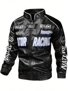 Men's Fashion PU Leather Jacket, With Motorcycle Racing Pattern, Breathable Stand-Up Collar, Zipped Long Sleeves, Side Pockets - Ideal Choice For Spring And Autumn, Autumn Jacket | Pattern PU Leather Jacket | Flexible Fitting Jacket, New Windproof Jacket With Pockets, Suitable For Casual Daily Wear, Outdoor Activities, Street Style, Stylish And Chic Jacket For Autumn And Winter Leisurewear. - 黑色 - 查看 1