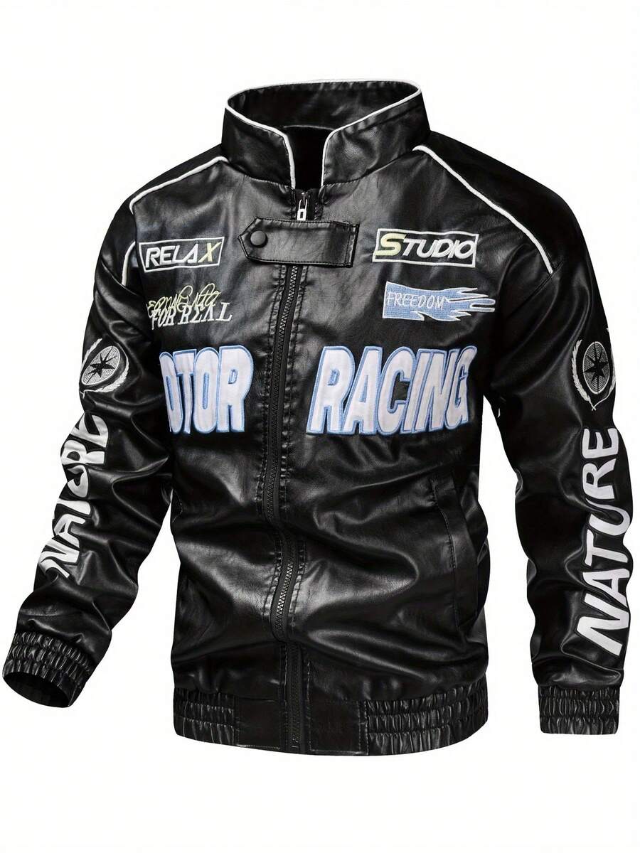 Men's Fashion PU Leather Jacket, With Motorcycle Racing Pattern, Breathable Stand-Up Collar, Zipped Long Sleeves, Side Pockets - Ideal Choice For Spring And Autumn, Autumn Jacket | Pattern PU Leather Jacket | Flexible Fitting Jacket, New Windproof Jacket With Pockets, Suitable For Casual Daily Wear, Outdoor Activities, Street Style, Stylish And Chic Jacket For Autumn And Winter Leisurewear. - 黑色 - 查看 1
