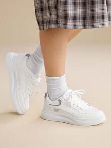 2025 New Spring/Autumn Fashion Casual Versatile Thick Sole Lace-Up White Platform Sneakers, Waterproof, Women's Skateboard Shoes - Grey - View 10