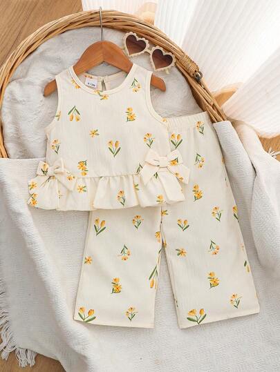 Baby Girls' Pink Floral Chiffon Print Vest Top With 3D Bow And Pants Set, Baby & Toddler Clothing
