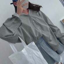 Plus Size Women's Striped Button-Up Shirt, Long Dropped Shoulder Sleeve, Woven Fabric Spring - Grey - View 3