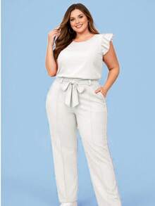 Elegant Plus Size Social Set In Dune Crepe, Casual Style With Drawstring Pockets, For Office Or Home. - White - View 2
