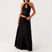 Y2k Ruffle Long Skirt Sets For Women 2 Piece Outfits Summer Ruched Backless Cami Top Matching Boho Maxi Skirt Set - Black-a - View 2