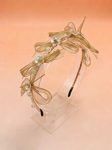 Girls' Mesh Fabric Bow Rhinestone Pearl Headband, Suitable For All Seasons - Khaki - View 4