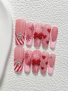 10pcs Romantic Autumn/Winter Acrylic Nail Art Set, Including 3D Silver Snowflake Decorations, Red Bow, Hand-Painted Red Snowflakes With Small Silver Beads, Red Striped Nail Decals, Red Hearts, Comes With Nail Tools (1 Jelly Sticker + 1 Nail File), Available In Almond, Duck Mouth, And Coffin Shapes, Suitable For Daily, Party, Photo Shoot, Office And Other Occasions Nails Handmade Press On Nails - 彩色 - 查看 14