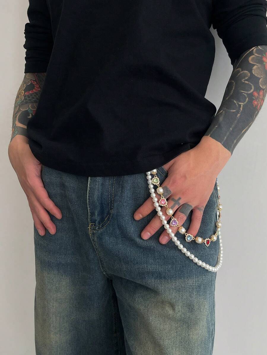 One Hip-Hop Style 3D Inlaid Heart-Shaped Rhinestone Round Geometric Faux Pearl Beaded Double-Layered Charm Jewelry Pant Chain. Rock Punk Design, Casual Retro, Suitable For Street Photography, Vacation Parties, Couples, And Fashionable Men's Metal Pant Chain Gift. - Pants Chain - View 1