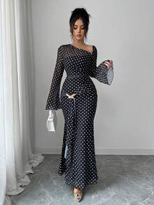 Women's Polka Dot Asymmetric Neck Long Sleeve Elegant Arabic Style Dress - Black - View 7