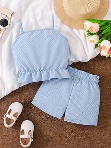 2pcs/Set Young Girl' Blue Strap Top With Buttons And Bow Shorts, Casual Summer Outfit - Mint Blue - View 2