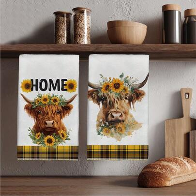 2pcs Kitchen Towels, High Land Cow & Sunflower Plaid Print, Vintage Farmhouse Style 40*60cm Rectangular Super Absorbent Microfiber Kitchen Towels, Dish Cloths, Hand Towels, Kitchen Decor, Housewarming Gifts
