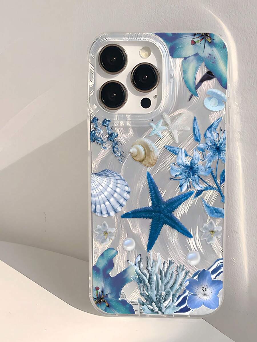 1个夏季治愈系海洋生物与花卉图案手机壳，加厚透明保护套，兼容三星A05、A05S、A13、A14、A15、A53、A54、A55、A56、S22、S23、S24、S25，以及 11、12、13、14、15、16、17 Pro Max - 彩色 - 查看 1
