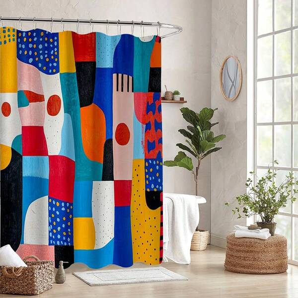 ستارة حمام فن تجريدي جريء، ديكور حمام حديث هندسي ملون، تصميم طلاء معاصر، هدية منزلية فريدة