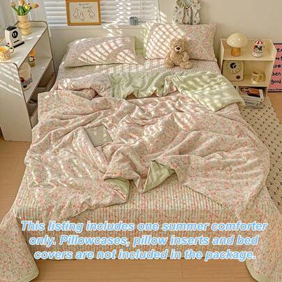 1pc Floral Pattern Summer Quilt, Minimalist Ins Style Cloud-Like Polyester Thin Blanket, Suitable For Hotel, Bedroom, Home, Living Room, Nap, Multi-Purpose